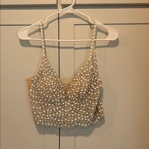 David Bridal Elegant Pearl Embellished Cream Top